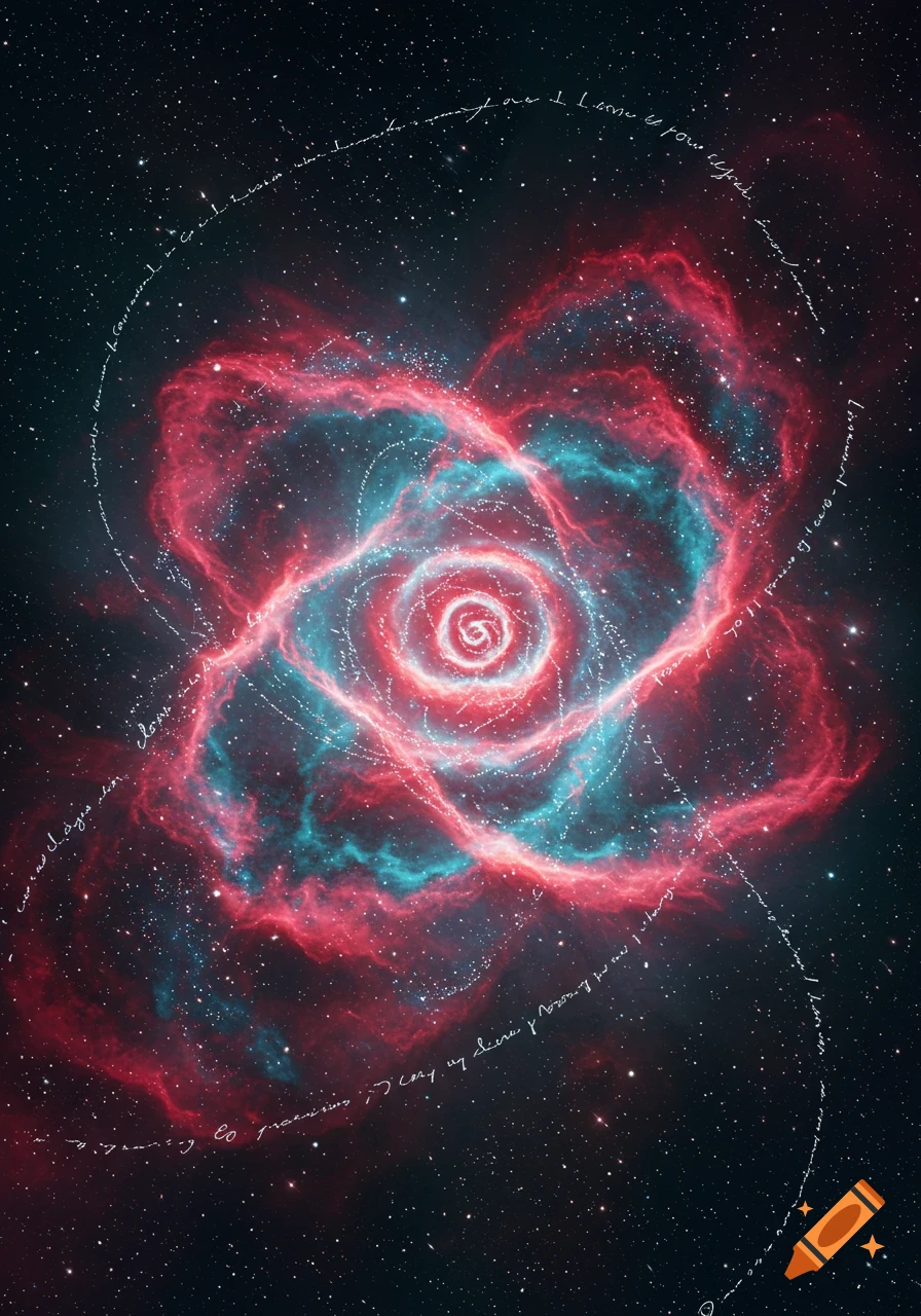 A vibrant red and blue nebula shaped like a rose in deep space, surrounded by faint, swirling lines of stars.