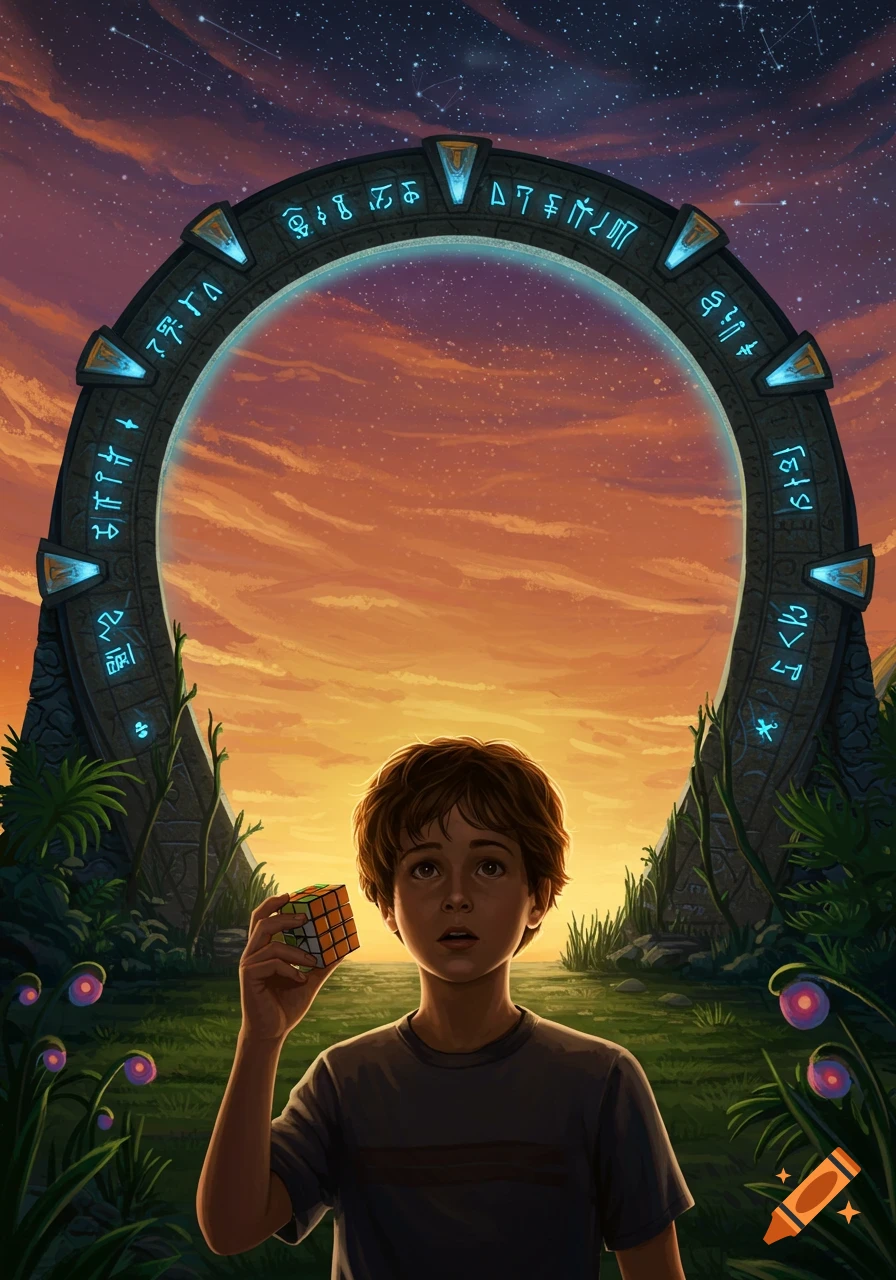 A wide-eyed boy holds a Rubik's Cube in front of a glowing Stargate at sunset in a detailed digital painting.