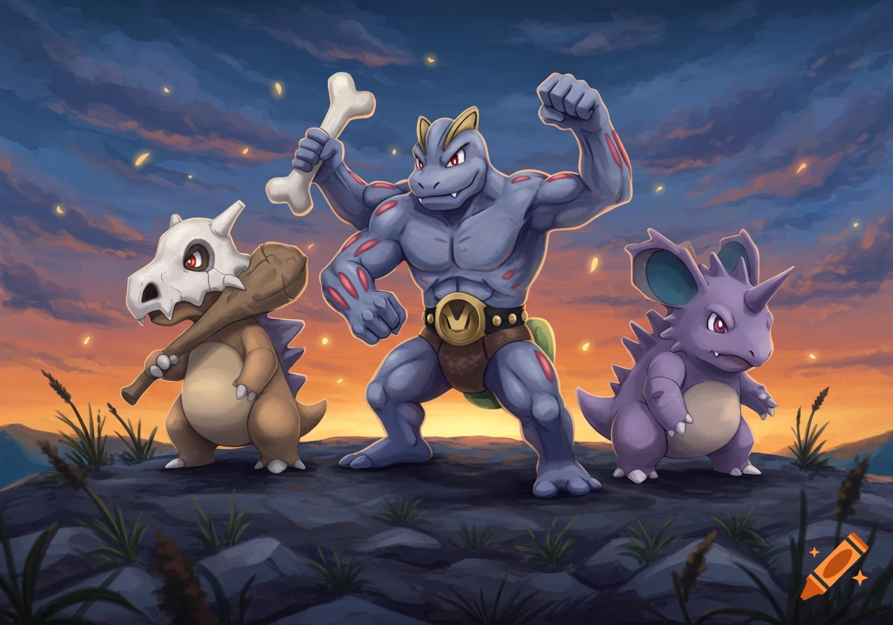 Cubone, Machoke, and Nidorino stand on a rocky landscape against a dramatic orange and blue sunset sky.