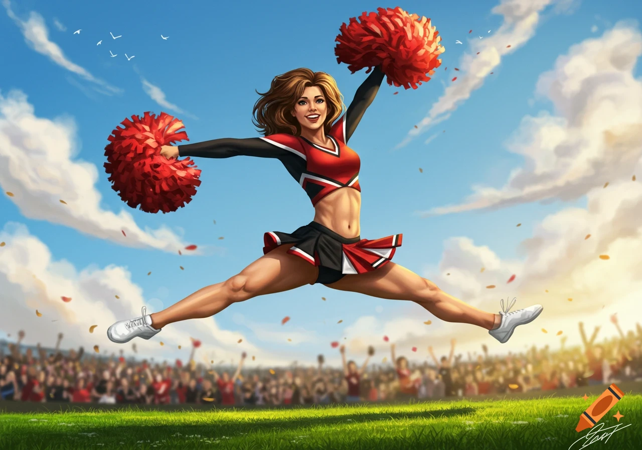 A female cheerleader jumps mid-air with red pom-poms on a sports field under a blue sky, depicted in a vibrant digital art style.
