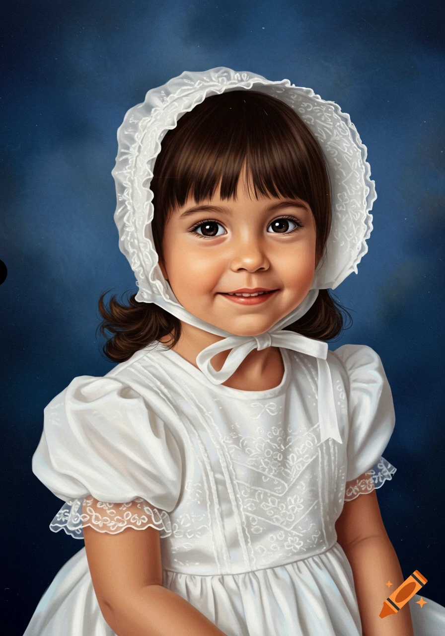 A smiling young girl with brown hair and eyes wears a white bonnet and lace dress, against a blue background.