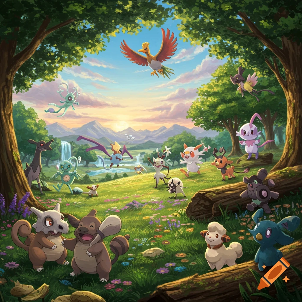 Vibrant illustration of numerous Pokemon-like creatures in a lush forest clearing with a waterfall and mountains at sunset.