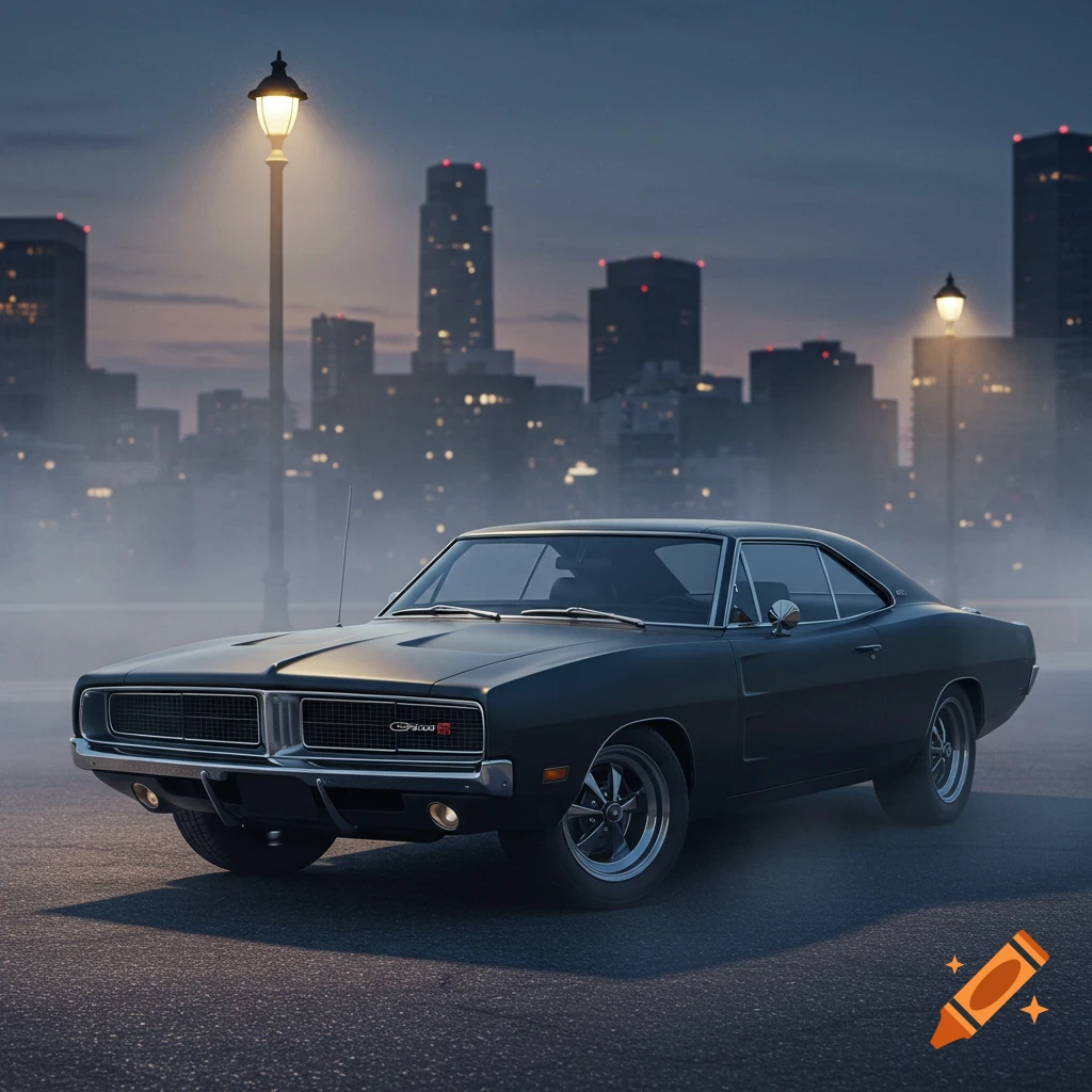 Photorealistic matte black 1969 Dodge Charger parked on asphalt, city skyline and streetlights visible in a misty dusk background.