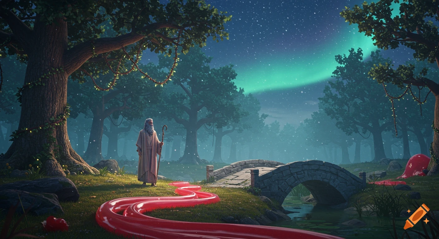 A Moses-like figure in an enchanted forest with a glowing red trail and stone bridge under an aurora borealis sky.