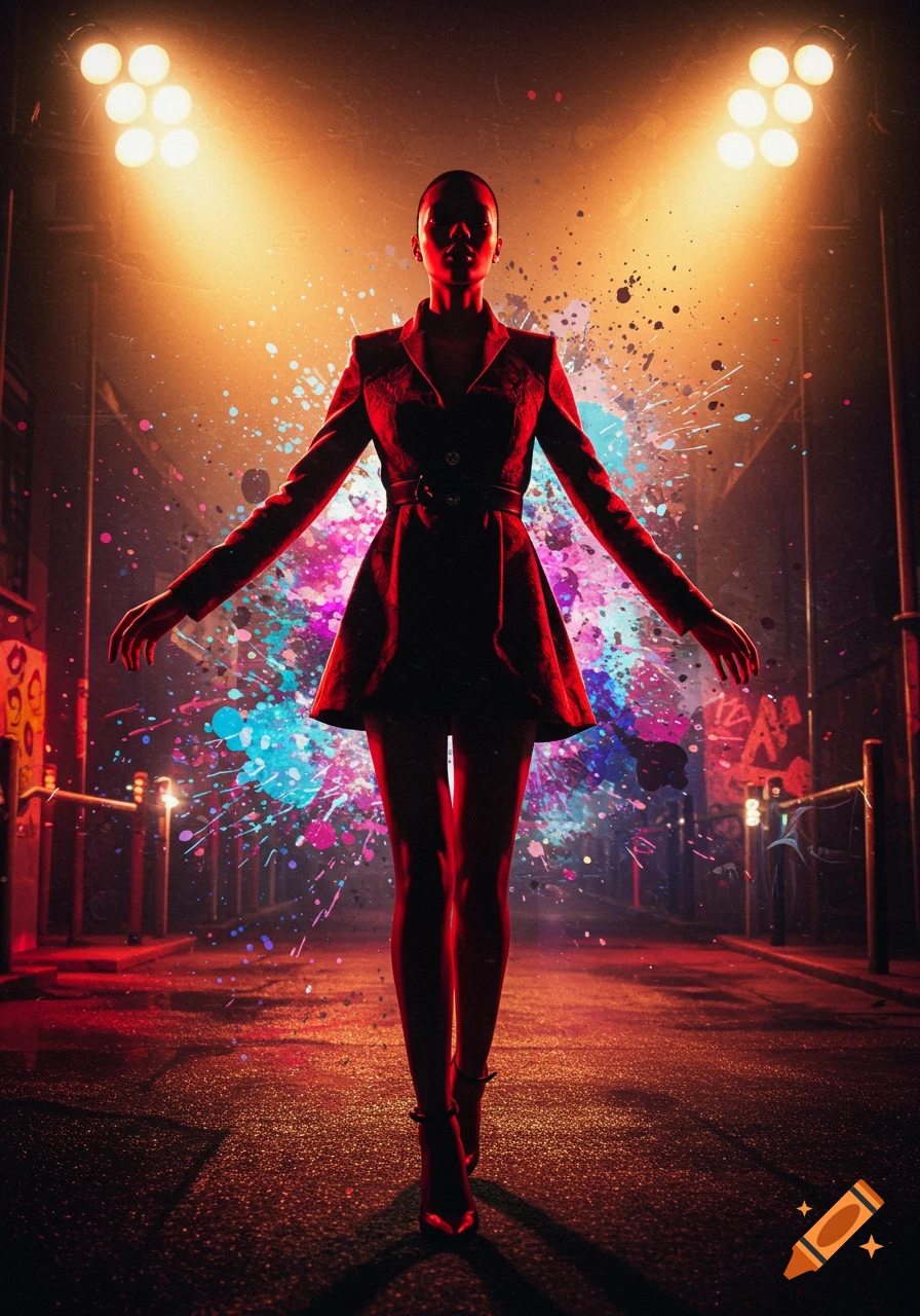 A woman in a dark dress stands dramatically under red and orange spotlights, with colorful paint splatters behind her in a dark urban alley.