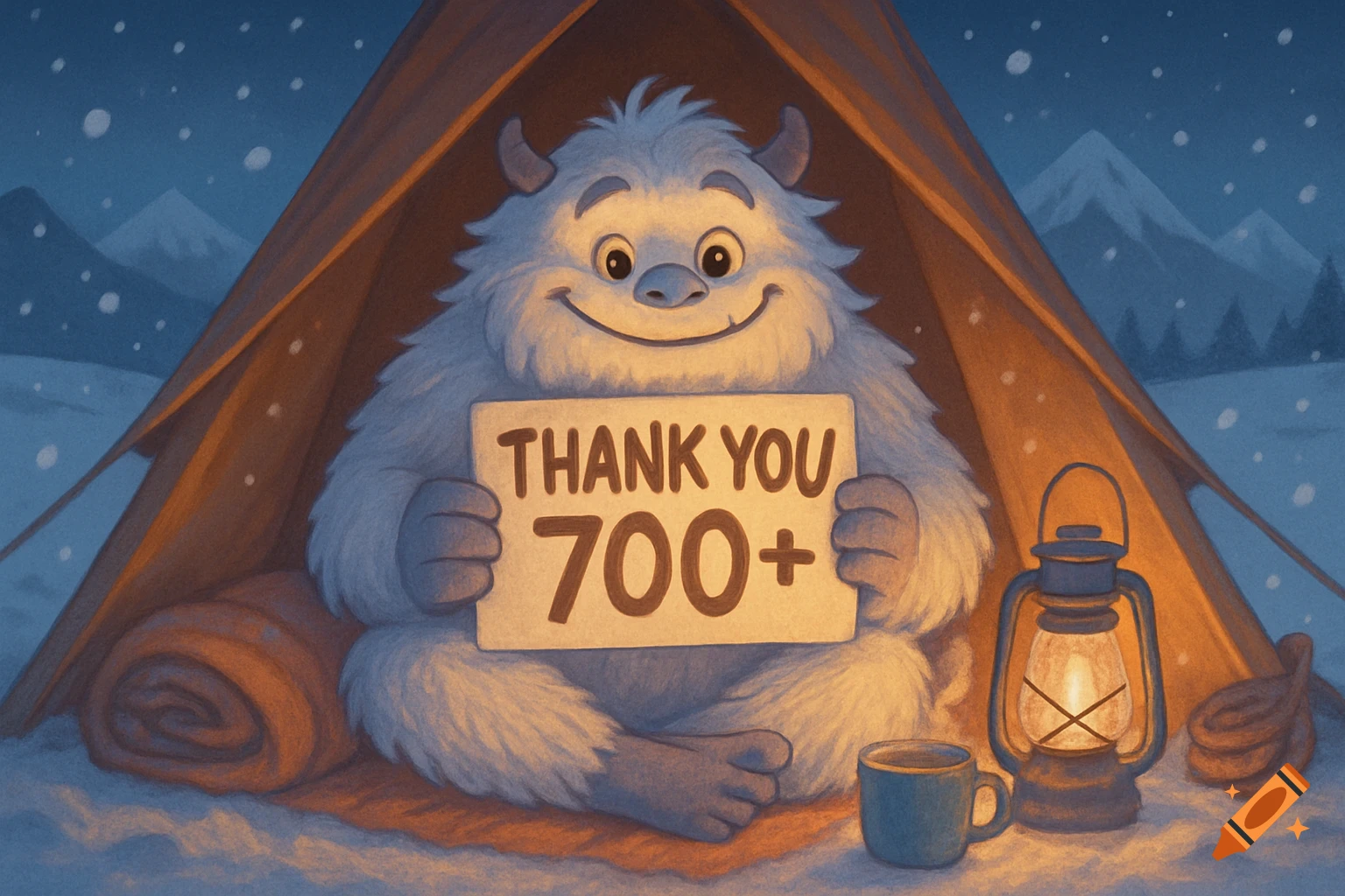 A fluffy white yeti sits inside a tent on a snowy night, holding a sign that reads "THANK YOU 700+". A lantern and mug are beside it.