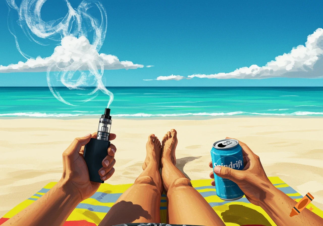 First-person view of a person relaxing on a beach, holding a vape and a blue can of drink, with a skull-shaped vape cloud.
