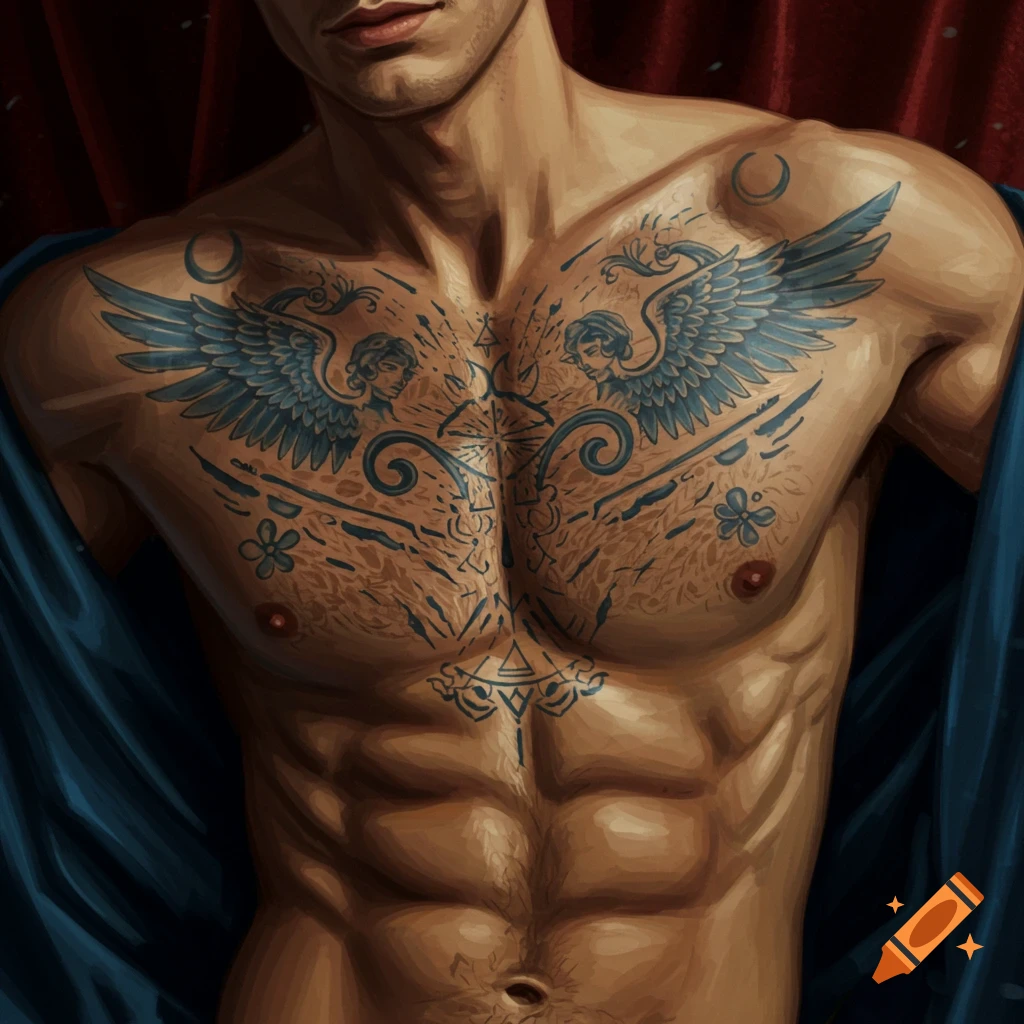 Illustration of a muscular man's bare chest with elaborate blue wing and angel tattoos against a red curtain.