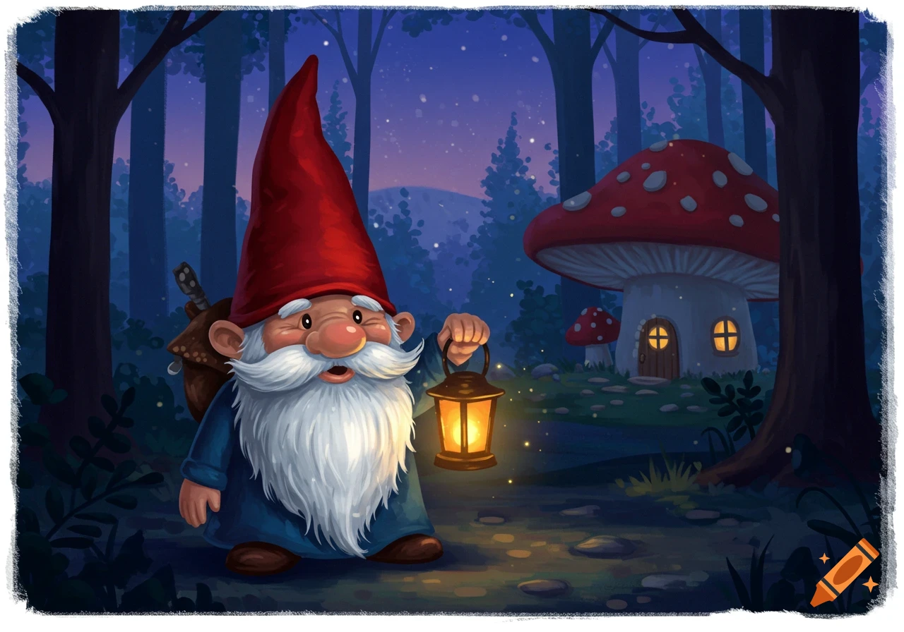 A cartoon gnome with a red hat and white beard holds a glowing lantern in a dark forest with a mushroom house.