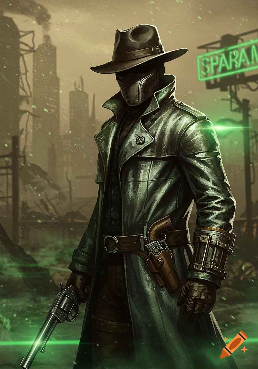 A masked figure in a trench coat and hat holds a revolver in a desolate, green-lit, post-apocalyptic city. Digital art.