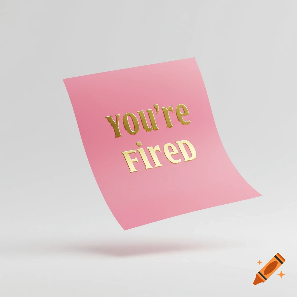 A pink paper with 'You're Fired' in gold lettering, floating on a white background in a minimalist style.