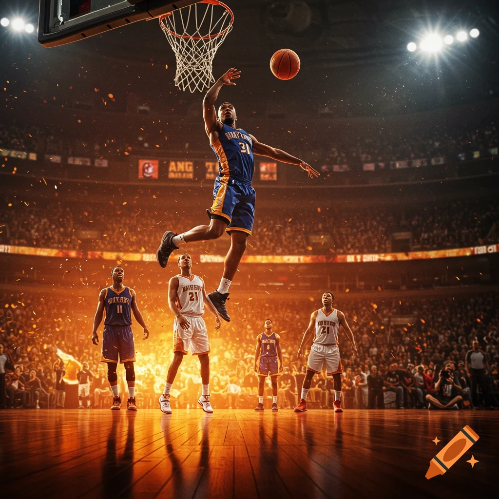 A basketball player in a blue and yellow uniform is mid-air, about to dunk the ball into the hoop in a stadium filled with a cheering crowd, dramatic lighting and fiery particles.