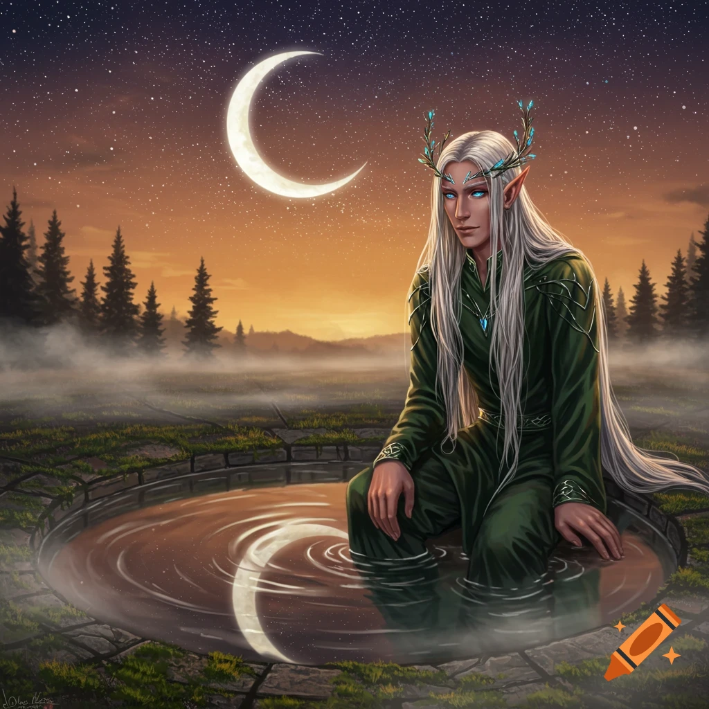 A male elf with long silver hair and blue eyes sits on the edge of a round pool, under a starry sky with a crescent moon reflecting in the water.