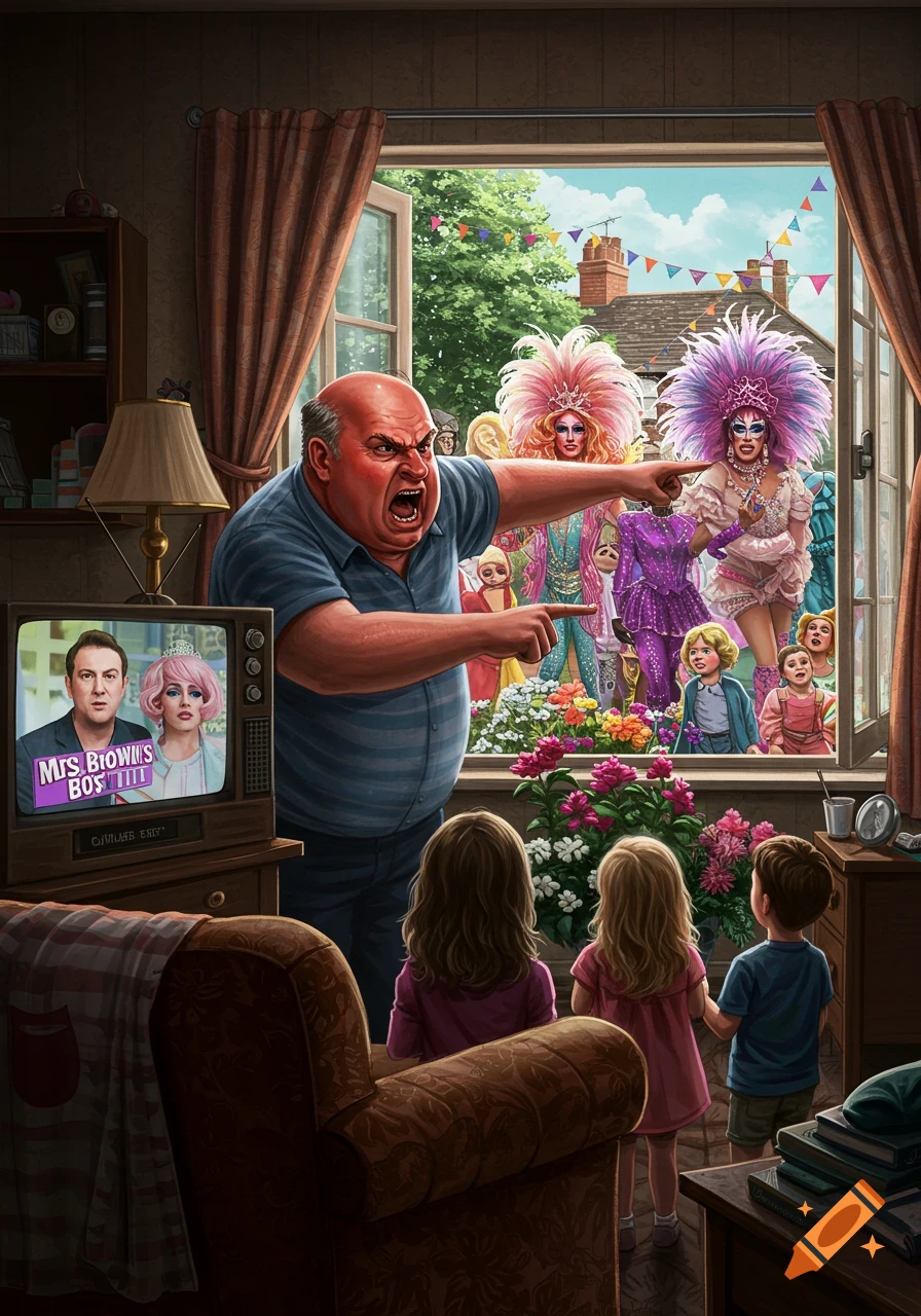 An angry man shouts from a living room window at three children watching a colorful pride parade with drag queens outside. A TV shows "Mrs. Brown's" on screen.