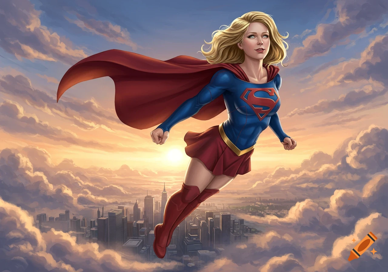 Illustrated Supergirl flying above a city through clouds at sunset, in a comic book art style.