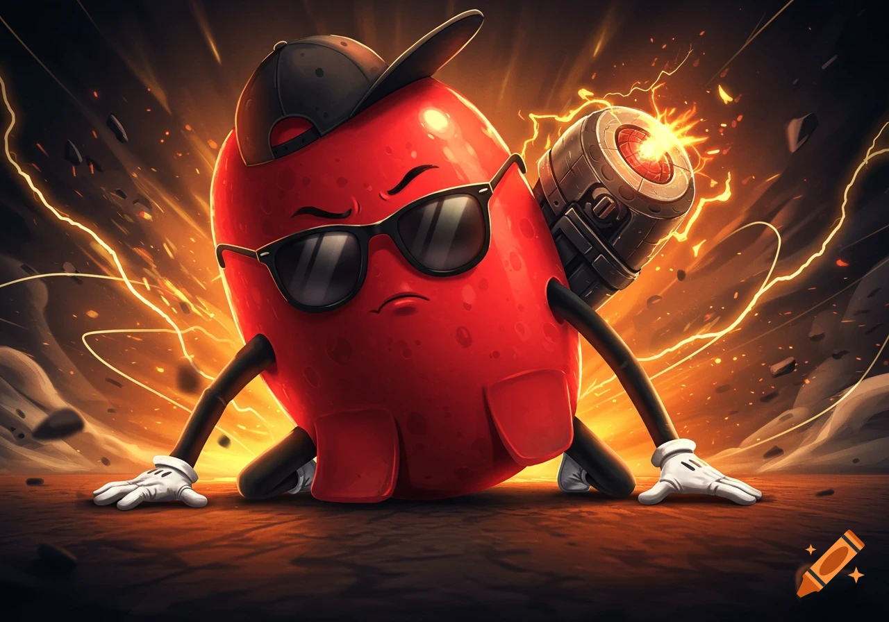 A cool red jellybean cartoon character with sunglasses and a baseball cap on the ground, wielding a glowing weapon amid fiery electric energy.