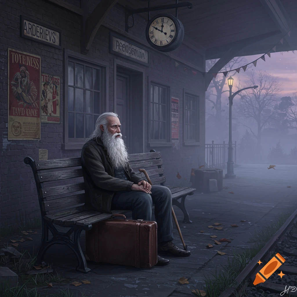 An old man with a long white beard sits on a bench at a foggy train station with a suitcase and a cane, waiting.