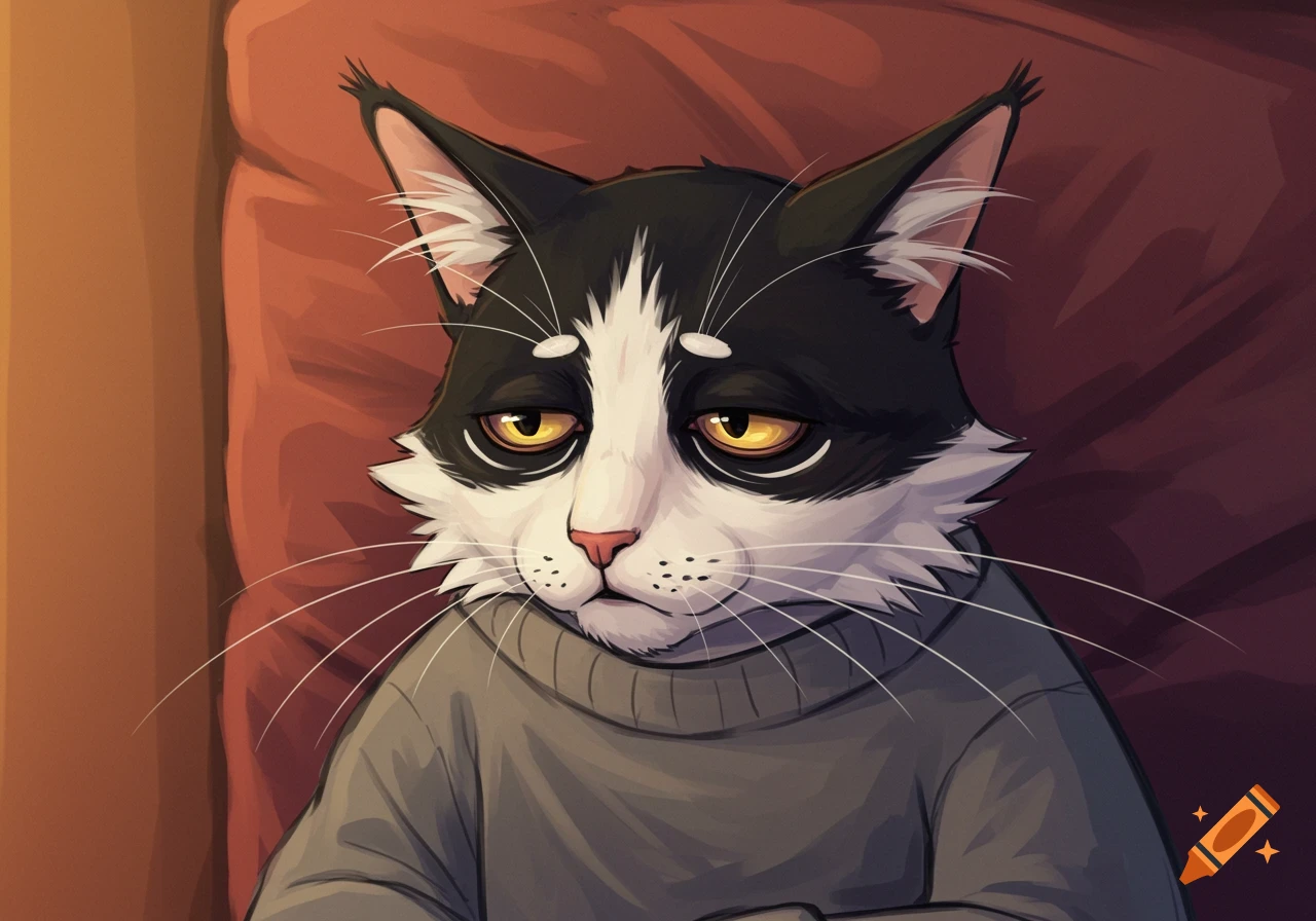 A cartoon digital art illustration of a tired black and white tuxedo cat wearing a grey sweater.