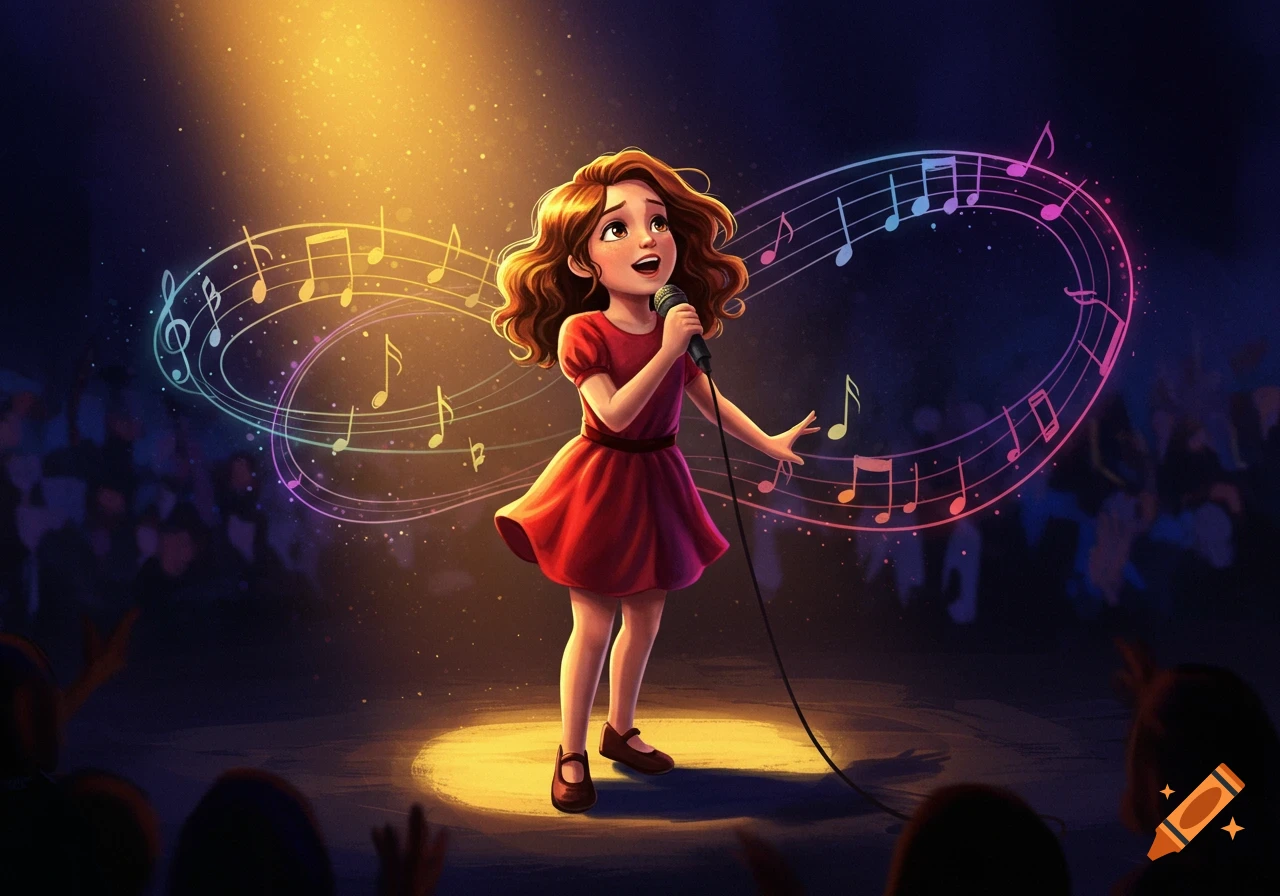 A stylized illustration of a young girl singing into a microphone on a stage, surrounded by glowing musical notes.