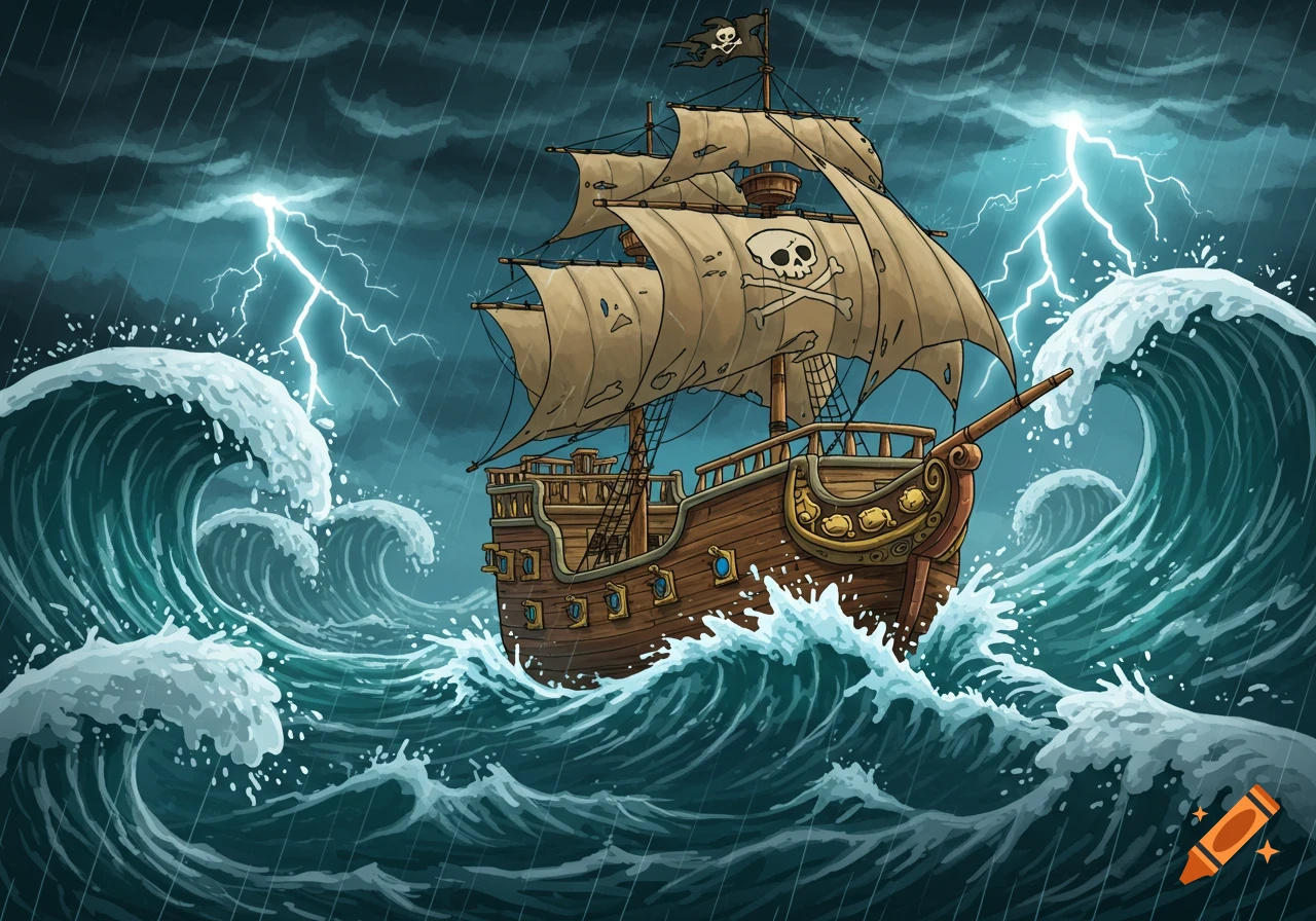 A cartoon pirate ship with a Jolly Roger on its sail battles huge waves under a stormy, lightning-filled sky.