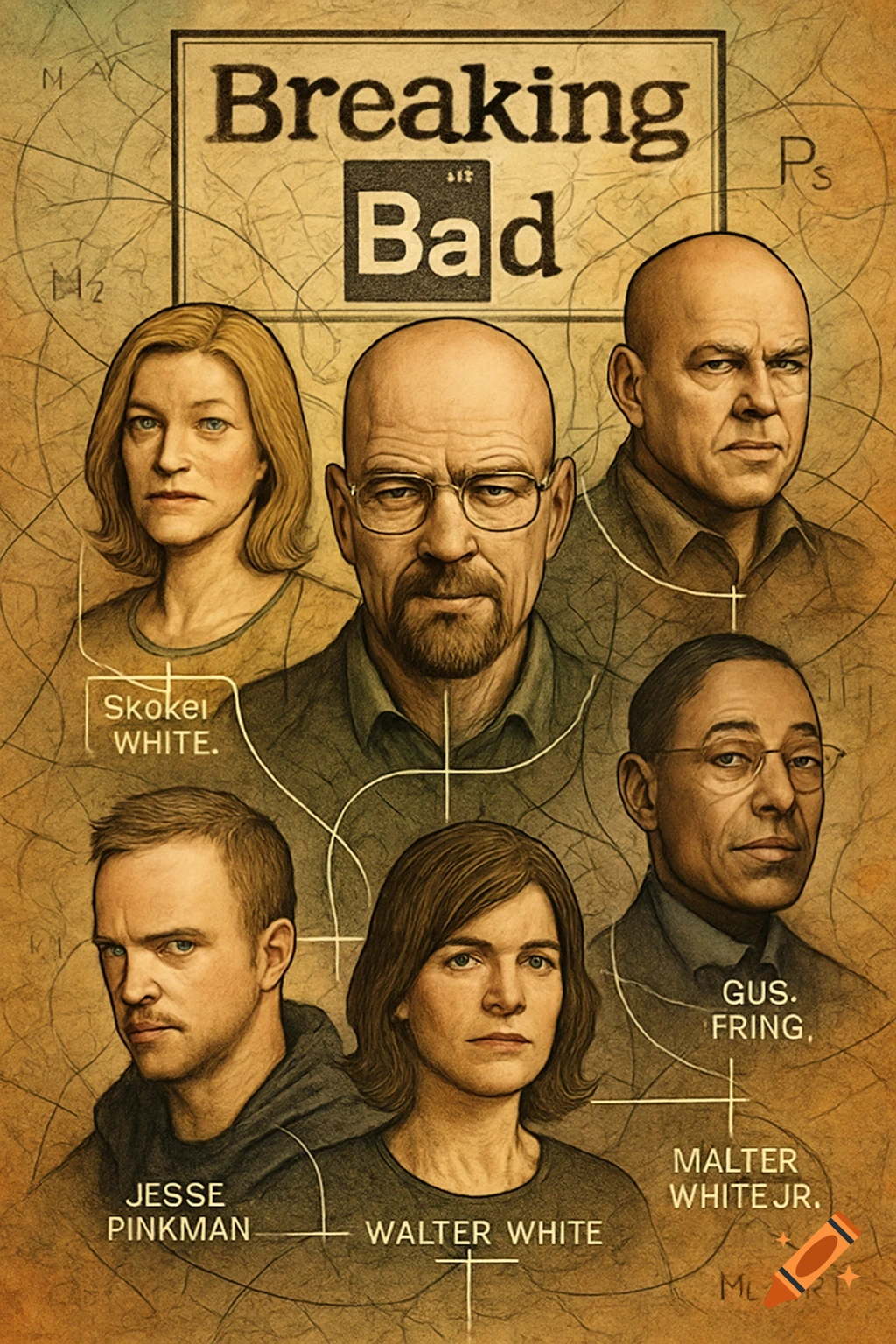 A stylized poster featuring six main characters from Breaking Bad, including Walter White and Jesse Pinkman, with their names labeled on an aged, blueprint-like background.