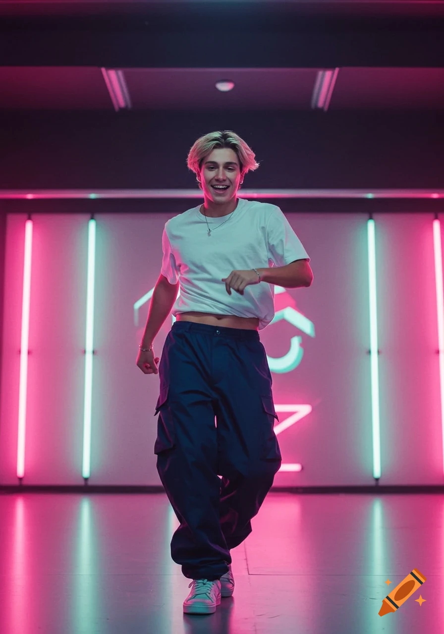 A young man with blonde hair and a white t-shirt and baggy pants poses in a studio with pink and blue neon lights.