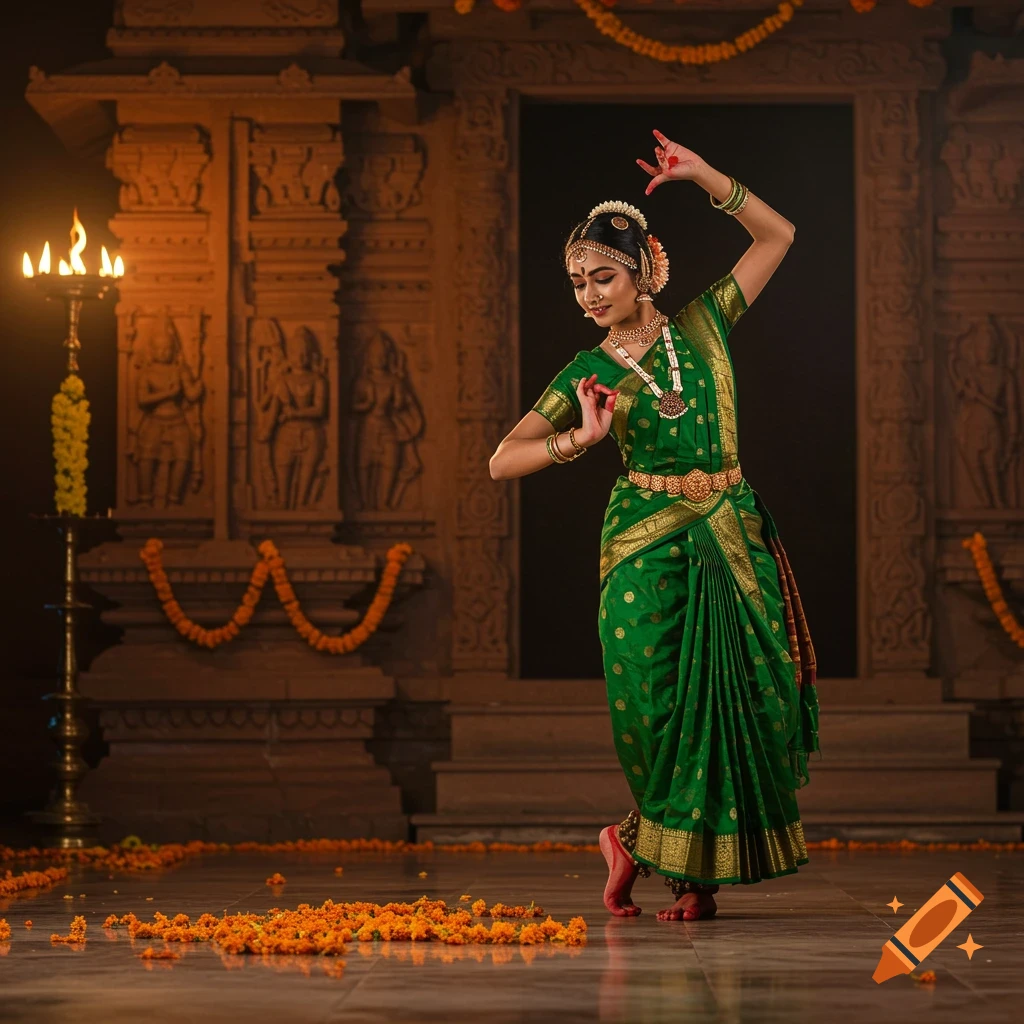 A young woman in a green sari performs Bharatanatyam in a temple, surrounded by orange flowers and lit by an oil lamp.