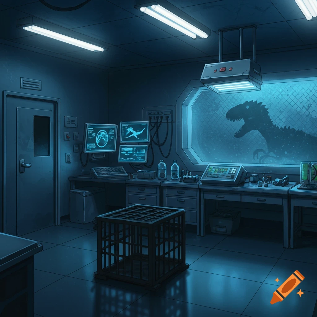 A dark, high-tech research lab with scientific equipment and a large dinosaur silhouette visible through a window.
