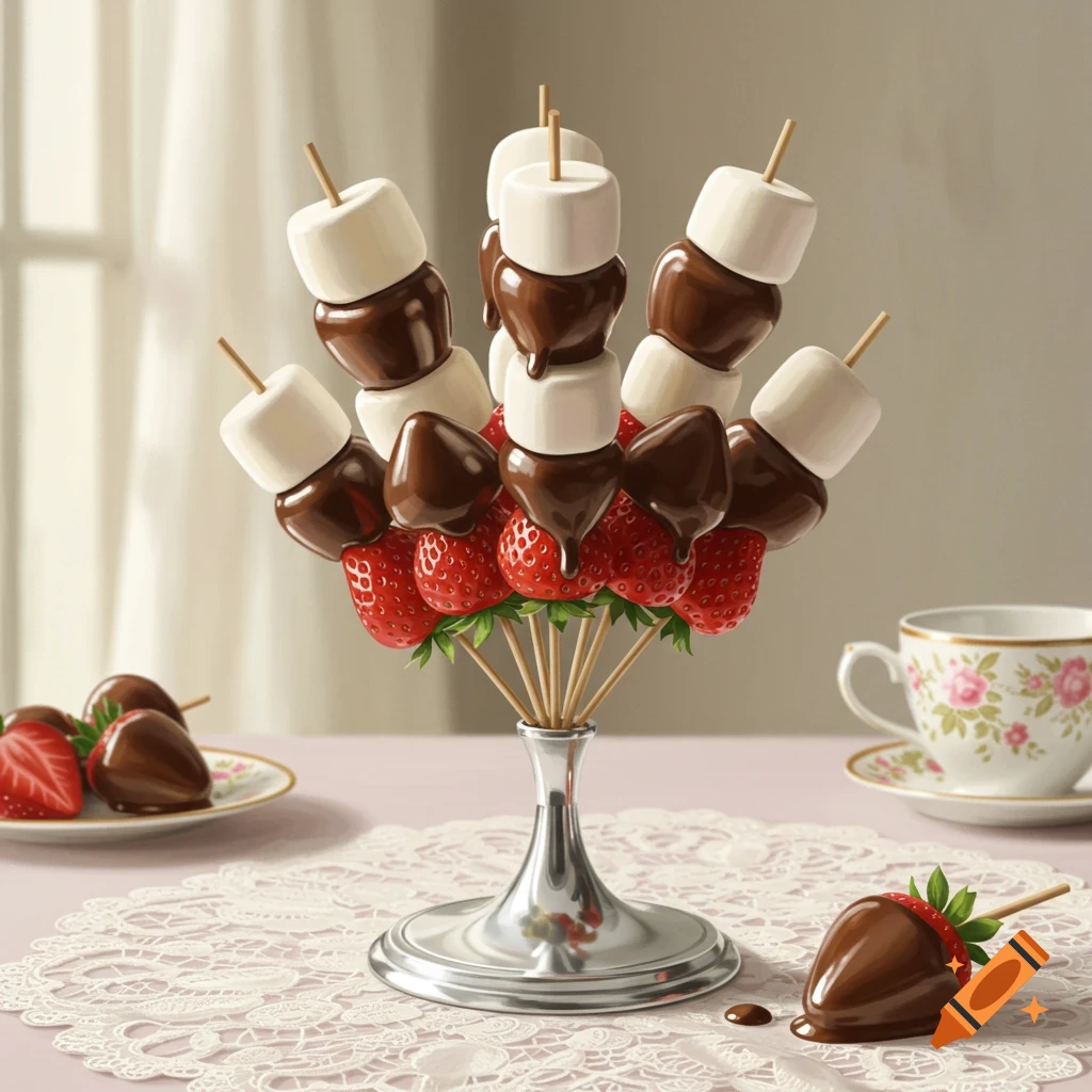 Photorealistic image of chocolate-dipped strawberry and marshmallow skewers in a silver vase, with a teacup and a separate chocolate strawberry.