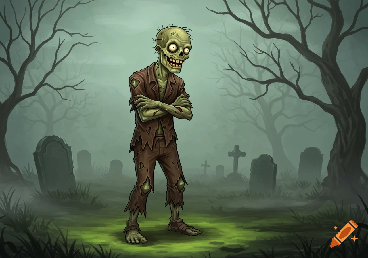 A cartoon zombie with a wide smile and arms crossed stands in a misty graveyard.