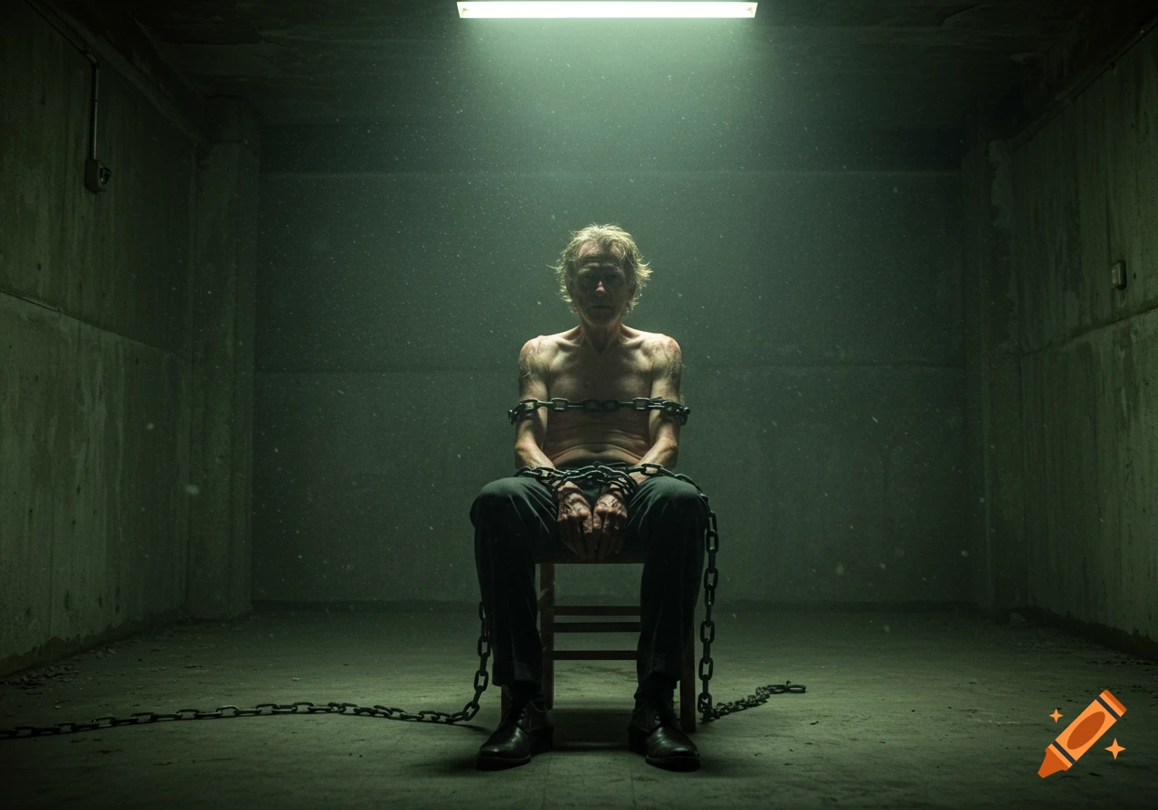 A disheveled man with chains wrapped around his body sits in a chair in a dark, dusty room with a single overhead light.