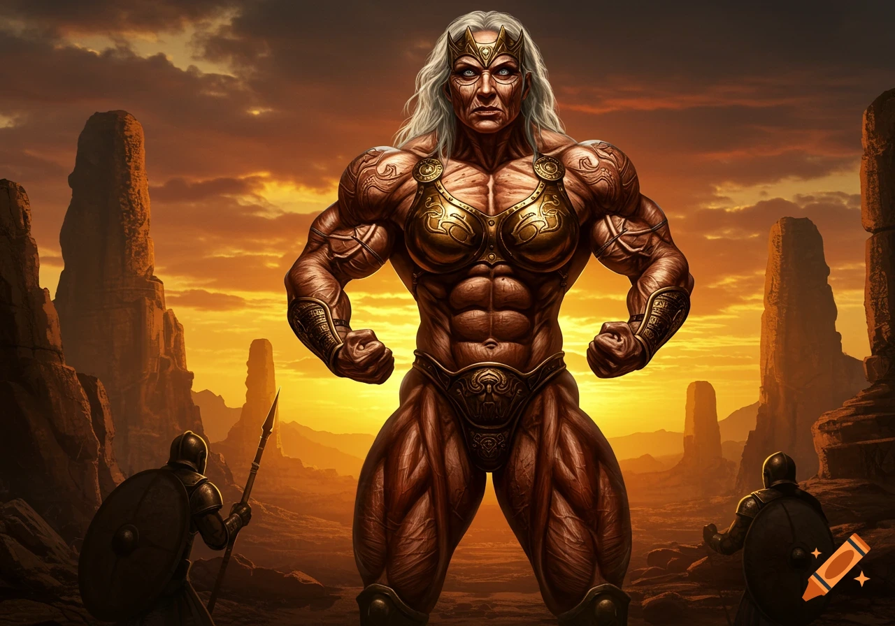 Massively muscular older woman with white hair and gold armor in a rocky desert landscape at sunset, with two smaller armored figures.