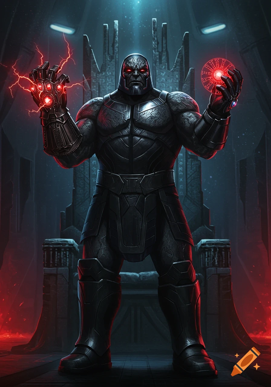 An imposing Darkseid stands on a throne, wearing a black Infinity Gauntlet and holding a glowing red Sith Holocron, in a dark, ominous sci-fi setting.