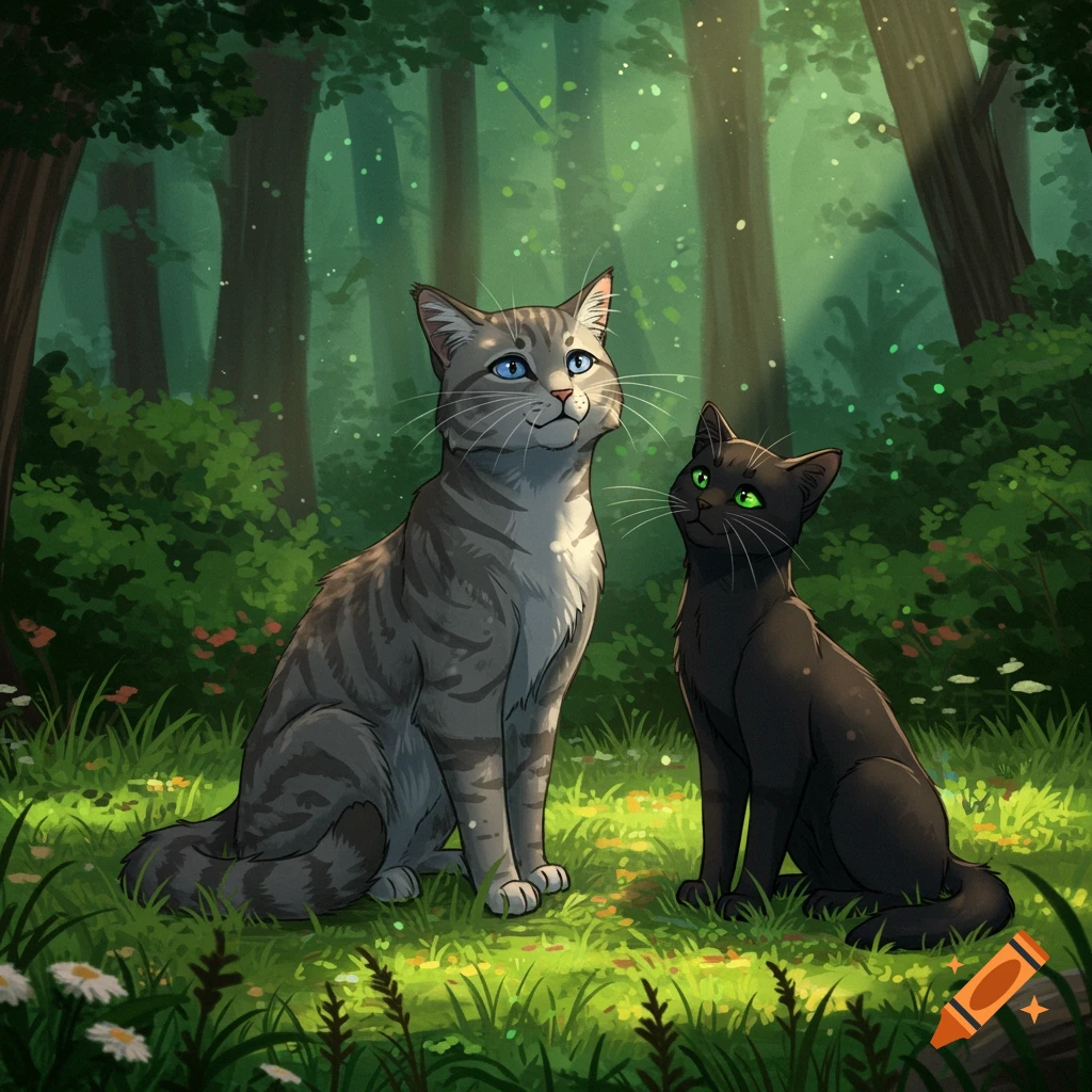 An illustrated grey tabby cat with blue eyes and a black cat with green eyes sit in a sun-dappled forest.