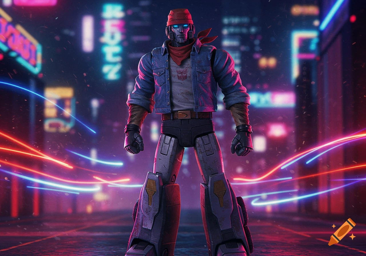 A humanoid robot in a red bandana and denim jacket with an Autobot symbol stands in a neon-lit cyberpunk city.