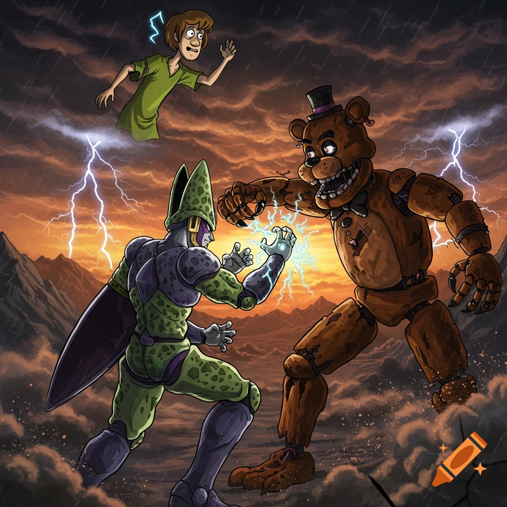 Cartoon of Perfect Cell and Freddy Fazbear clashing with energy blasts amidst lightning and an apocalyptic sky, with Shaggy watching from above.