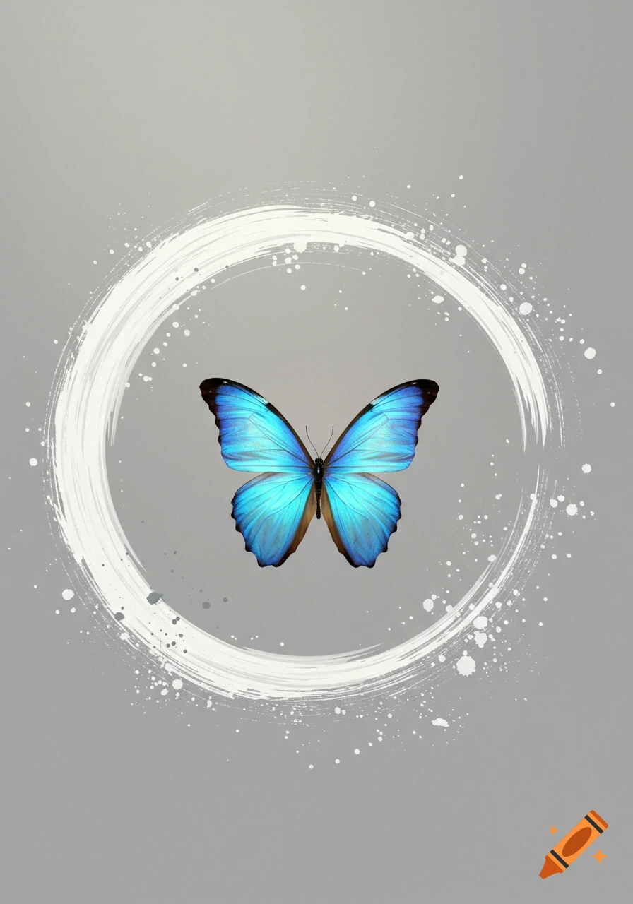 A vibrant blue morpho butterfly centered within a dynamic white incomplete brushstroke circle on a solid gray background.