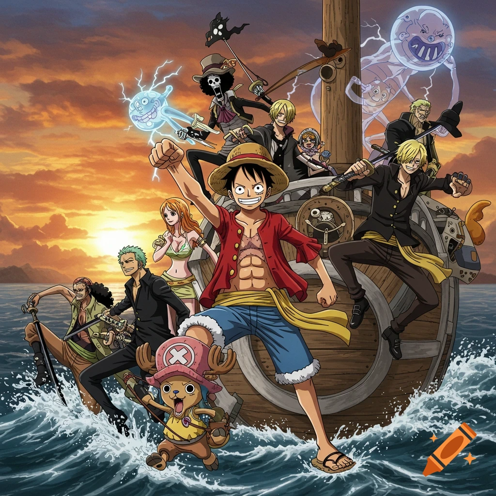 One Piece characters, including Luffy, Nami, and Zoro, on their ship at sea with a sunset background in anime style.