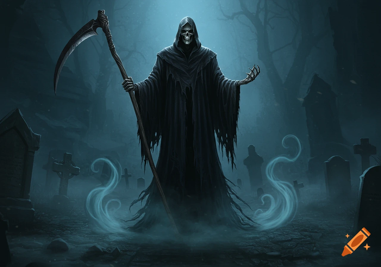 A realistic grim reaper in a dark, misty cemetery, holding a scythe under a blue ethereal light.