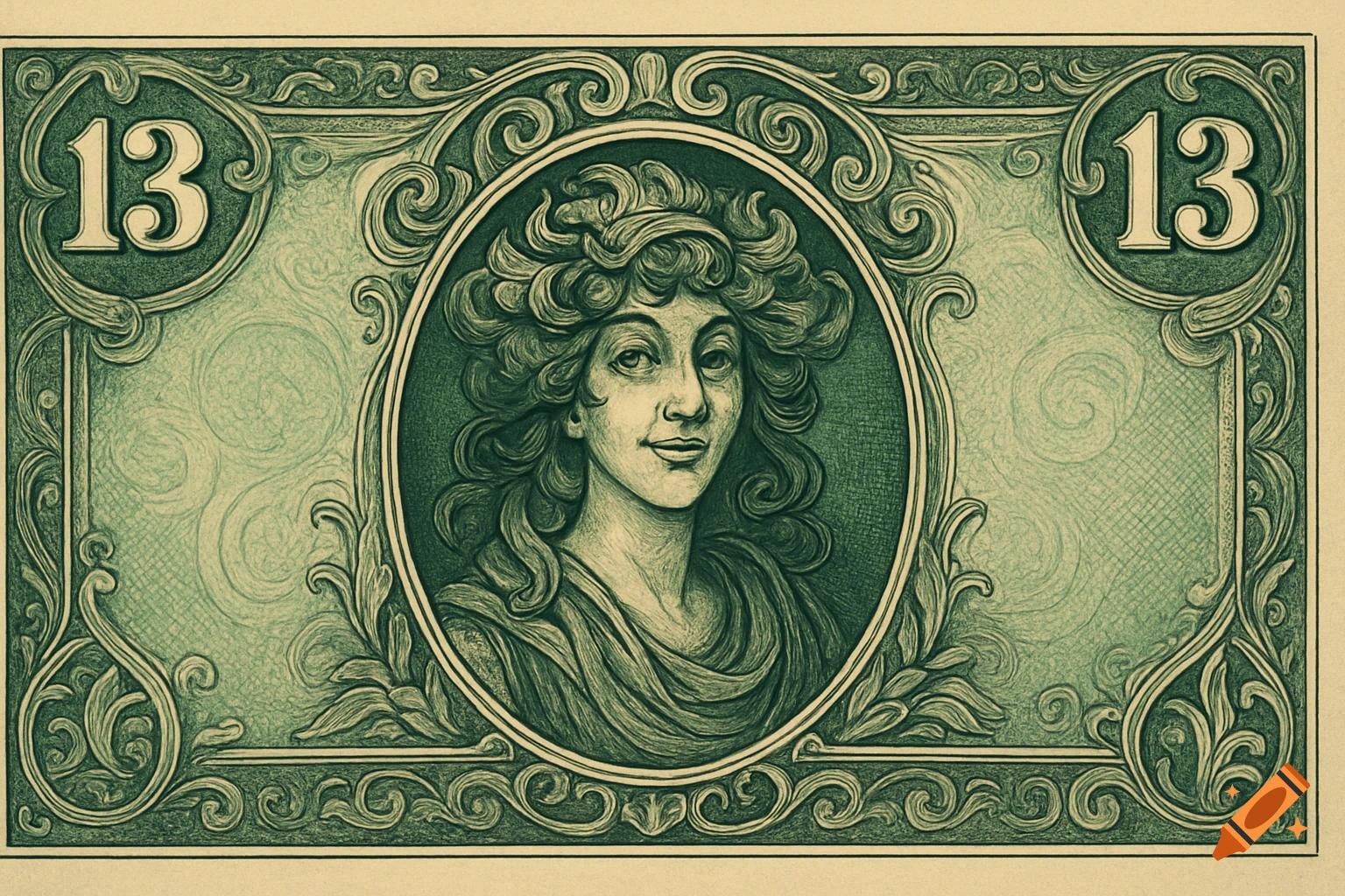 Green stylized banknote with a portrait of a woman and the number 13, in an engraved art style.