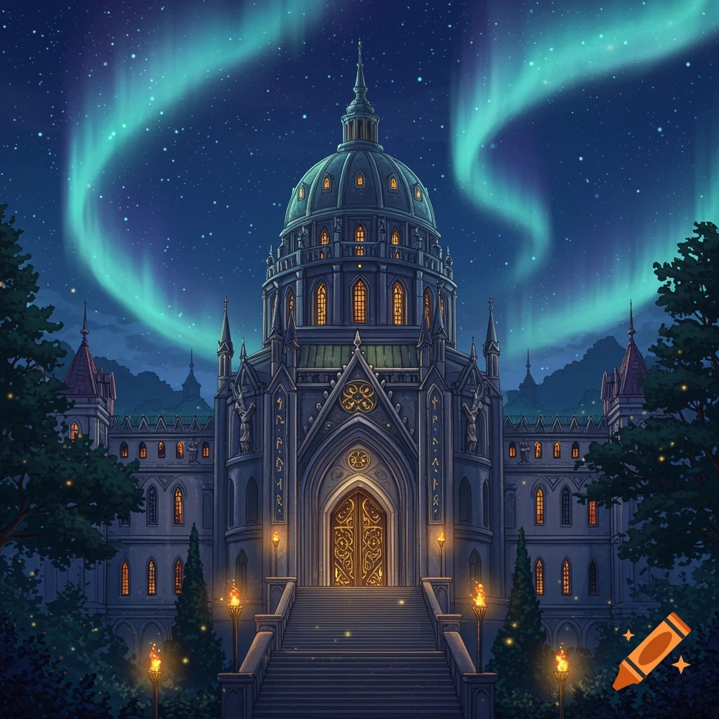 A grand fantasy capitol building with a large dome, illuminated windows, and ornate golden doors under a starry night sky with a vibrant green aurora borealis.
