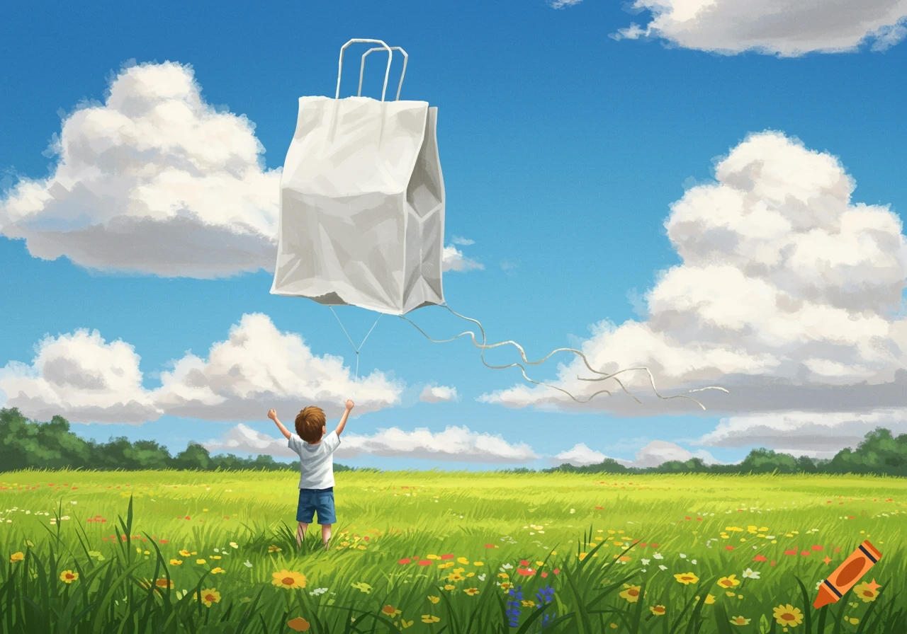 A young boy stands in a green, flower-filled field under a blue sky, flying a white carrier bag like a kite in a painted style.