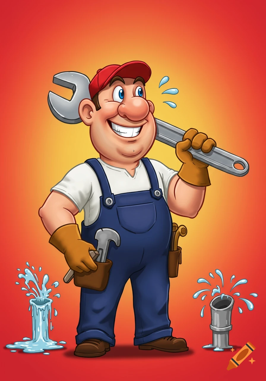 A cheerful, exaggerated cartoon plumber in overalls holds a large wrench, standing next to leaky pipes in a bright, colorful style.