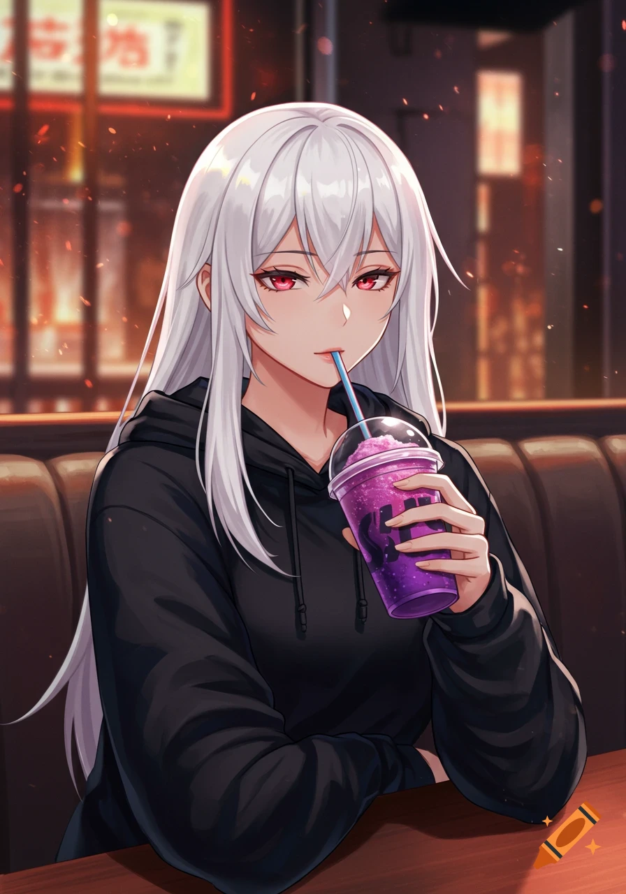 An anime girl with long white hair and red eyes, wearing a black hoodie, sits at a table in a restaurant while sipping from a purple slushie.