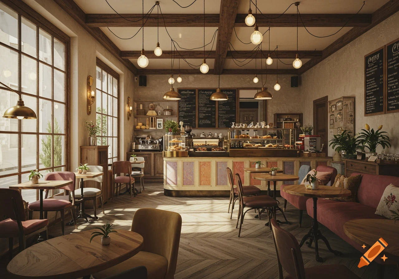Photorealistic interior of a cozy coffee shop with wooden tables, chairs, and a counter displaying pastries.
