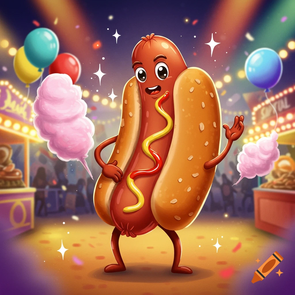 A happy, anthropomorphic cartoon hotdog smiles and poses at a lively carnival with balloons and cotton candy.