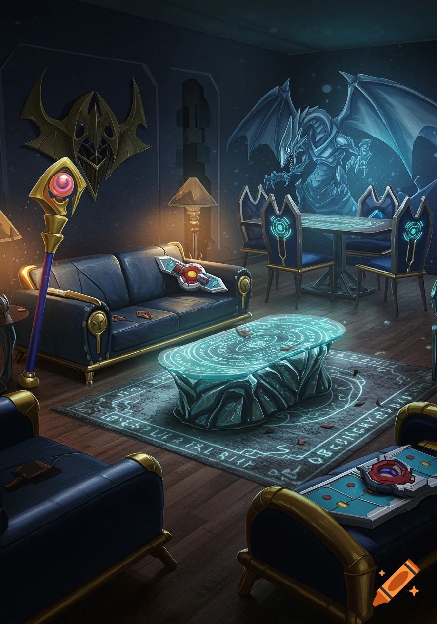 A dark, fantasy-themed room inspired by Yu-Gi-Oh, featuring a Blue-Eyes White Dragon mural, glow-rune furniture, and a duel disk.