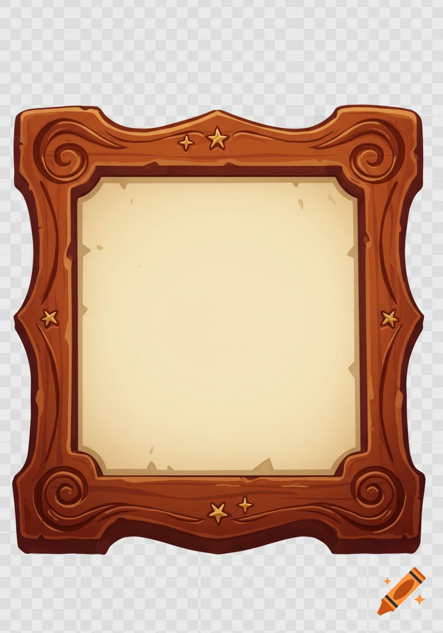 A cartoon wooden frame with decorative carvings and stars, featuring a blank parchment-like center, on a transparent background.