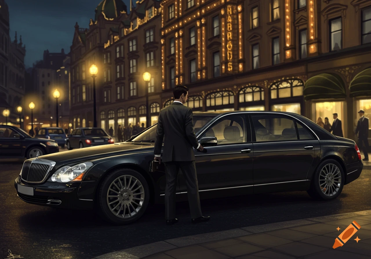 A man in a suit by a black luxury car outside the illuminated Harrods building at night, photorealistic style.