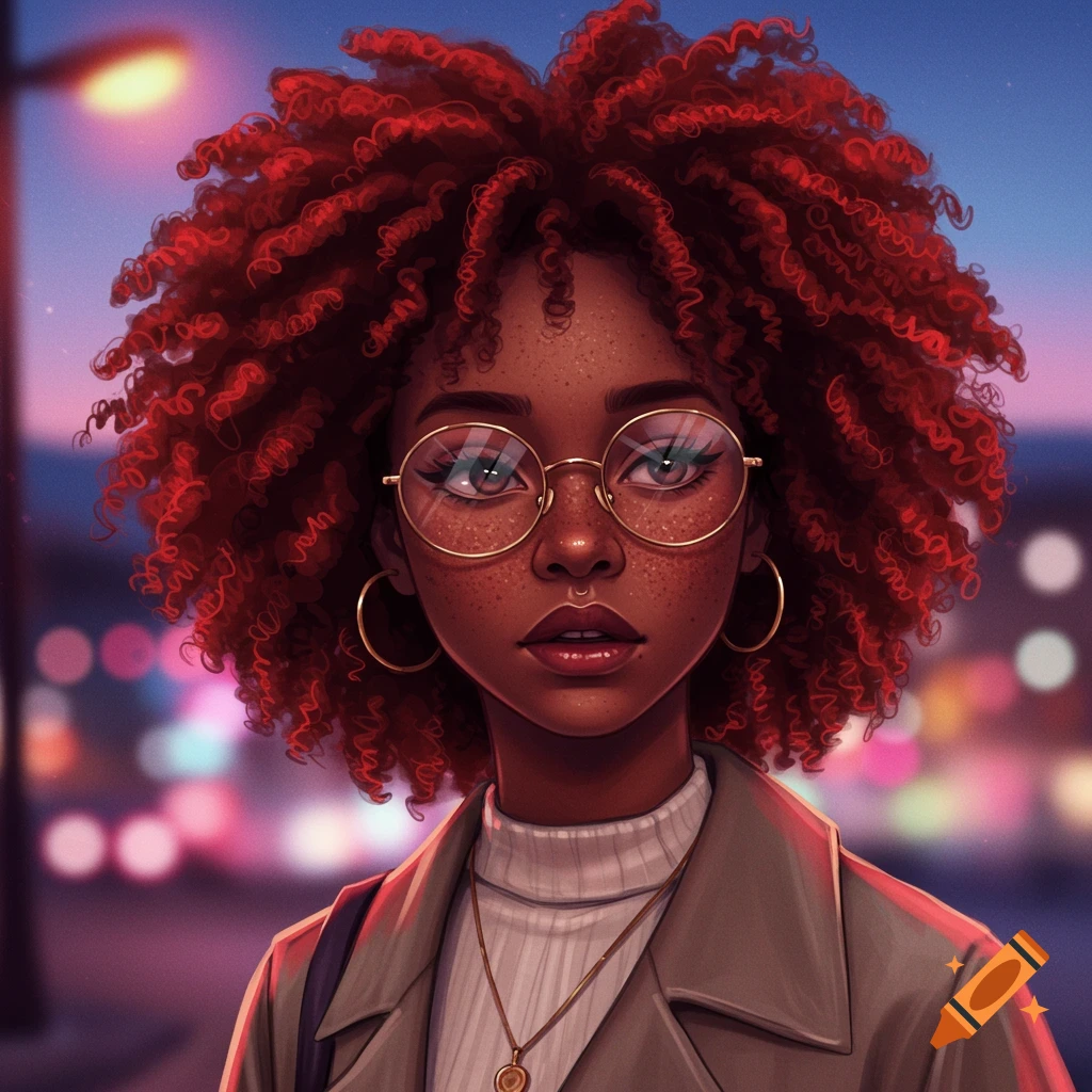 Digital art portrait of a young Black woman with red curly hair, freckles, and round glasses, set against a blurry city lights background.